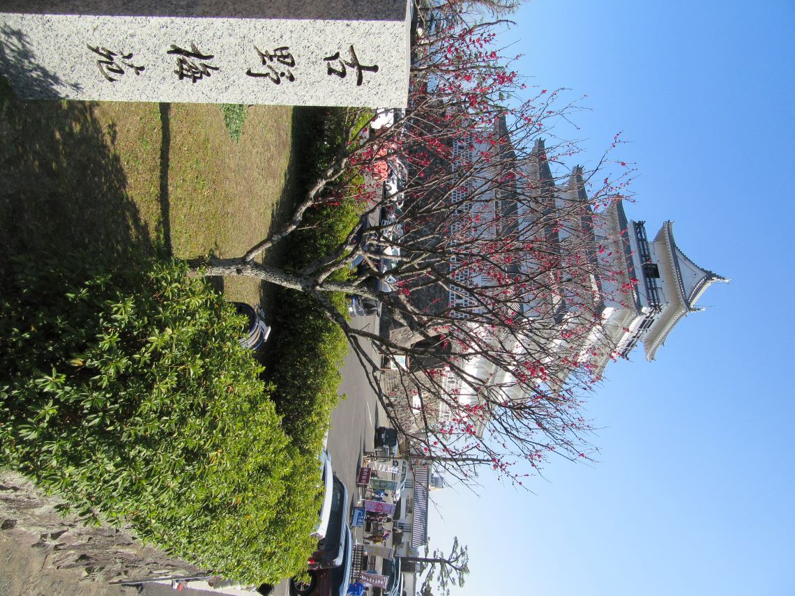 長崎県島原市にある島原城で撮影した、古野梅苑の石碑と天守閣。