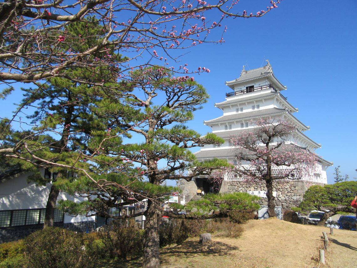 長崎県島原市にある島原城で撮影した、和の自然と天守閣。