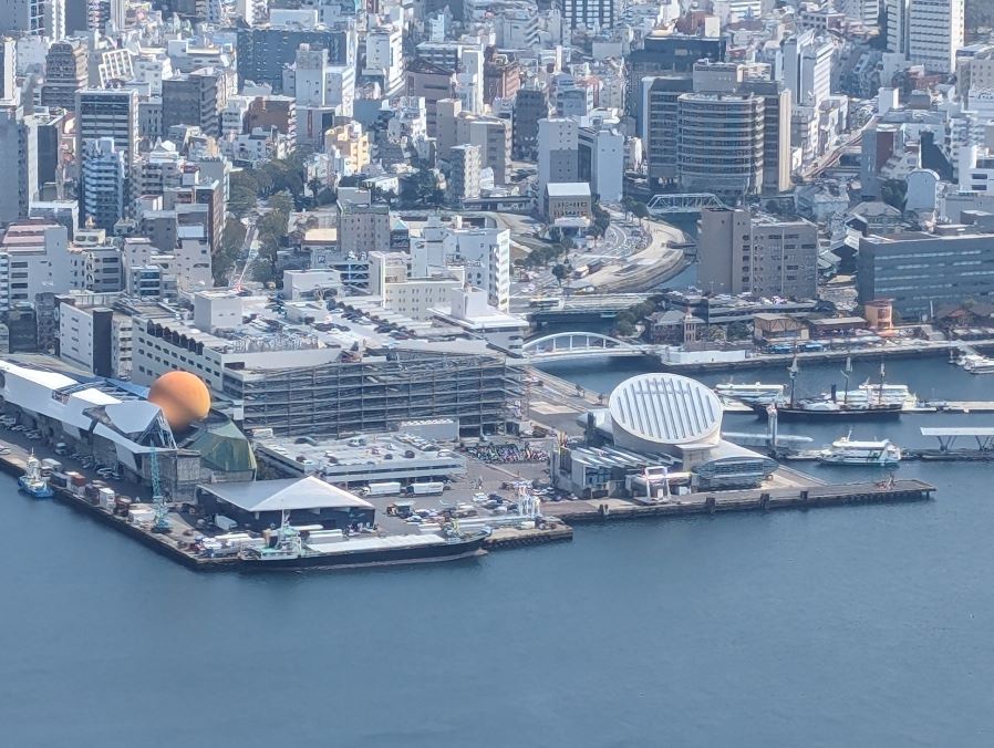 長崎市の稲佐山から眺めた、大波止ターミナル周辺。