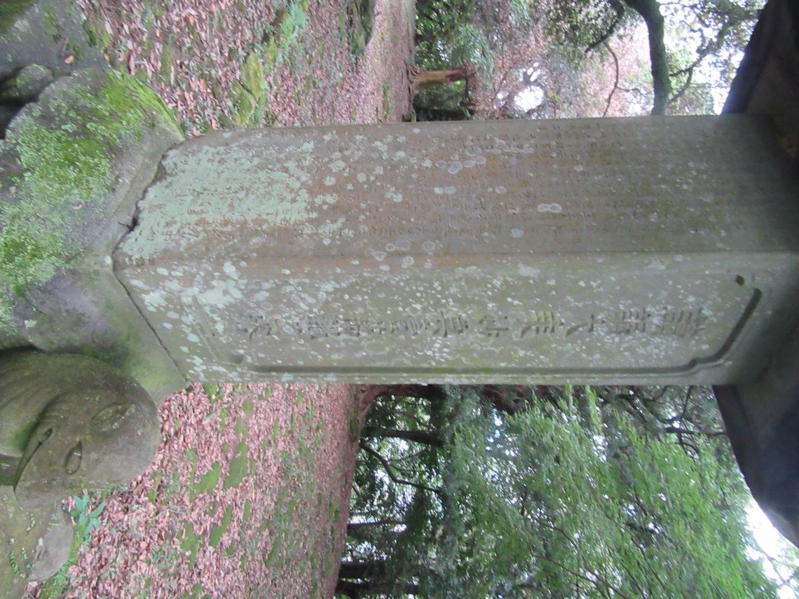 長崎県諫早市の諫早公園で撮影した、様々な文字が書いてある石碑の土台となっている亀趺（きふ）。