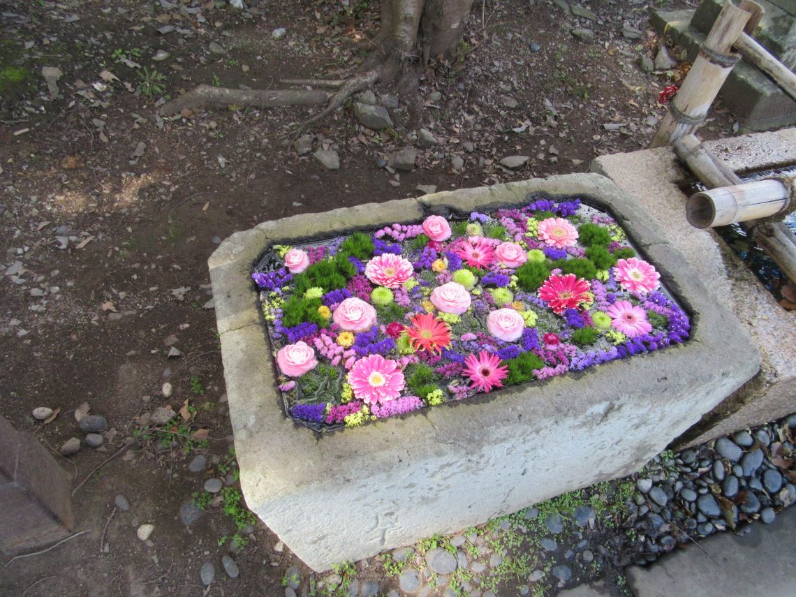 長崎市の中川八幡神社の色とりどりの花手水。