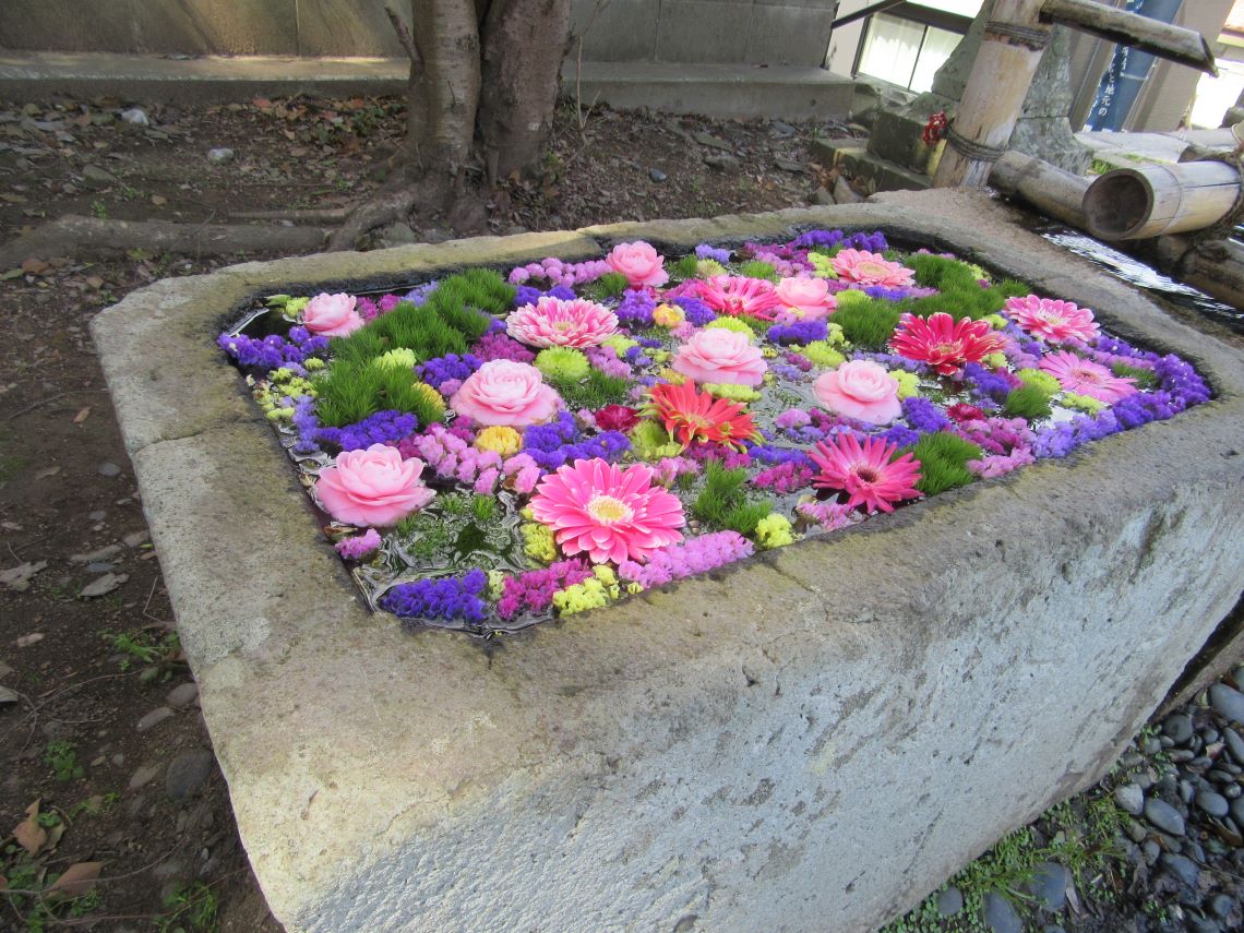 長崎市の中川八幡神社の様々な形の花々が彩る花手水。