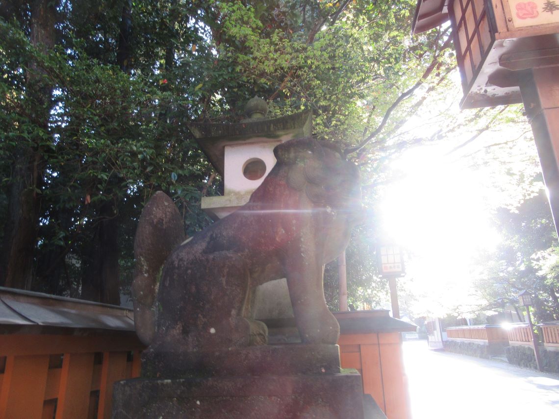 熊本県熊本市東区の健軍神社で撮影した、横を向く狛犬と朝日。