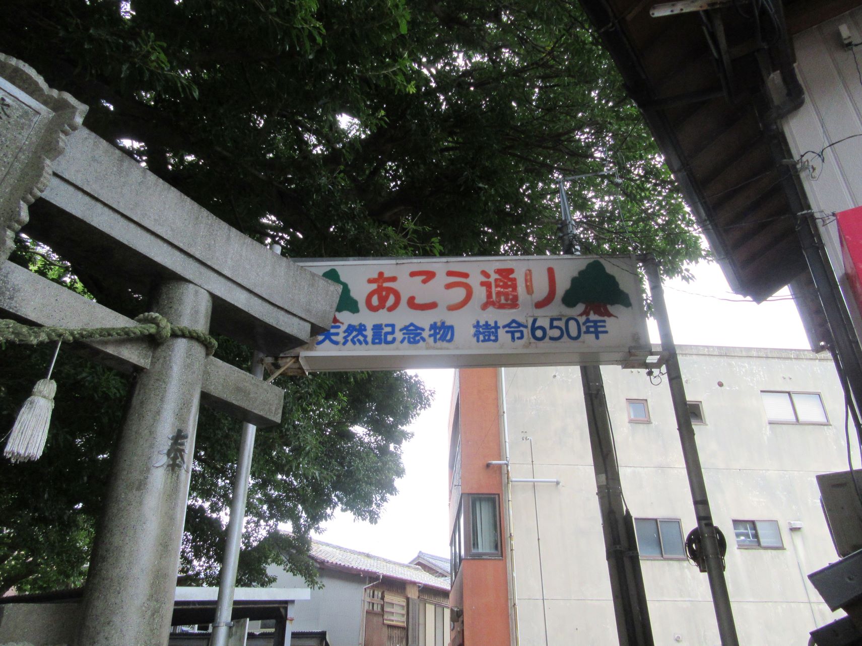 長崎県南松浦郡新上五島町の奈良尾神社付近にある『あこう通り』の看板。