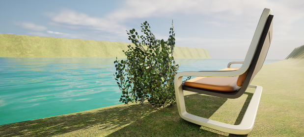 Unreal Engine5で作成した、川のほとりのベンチと草。
