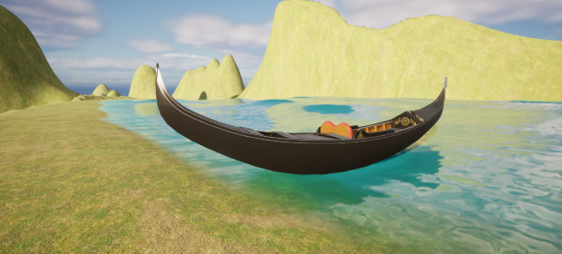 Unreal Engineで作った、湖(池？)に浮かべたゴンドラ。