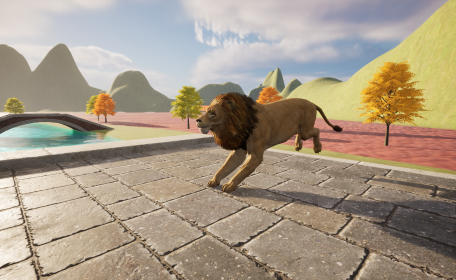 Unreal Engine5で作成した、橋の上を走るライオン。