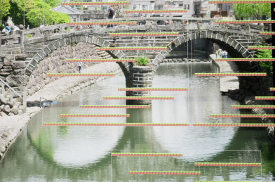 Unreal Engineで作成した2Dゲームの画面。背景は著者が以前撮影した長崎市の眼鏡橋の写真。