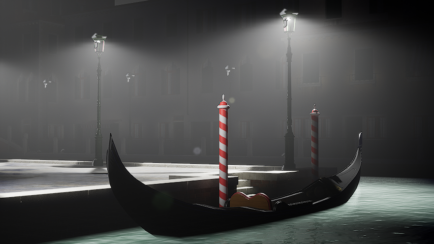 Unreal Engineで再現した、ヴェネツィアの夜霧のゴンドラ。