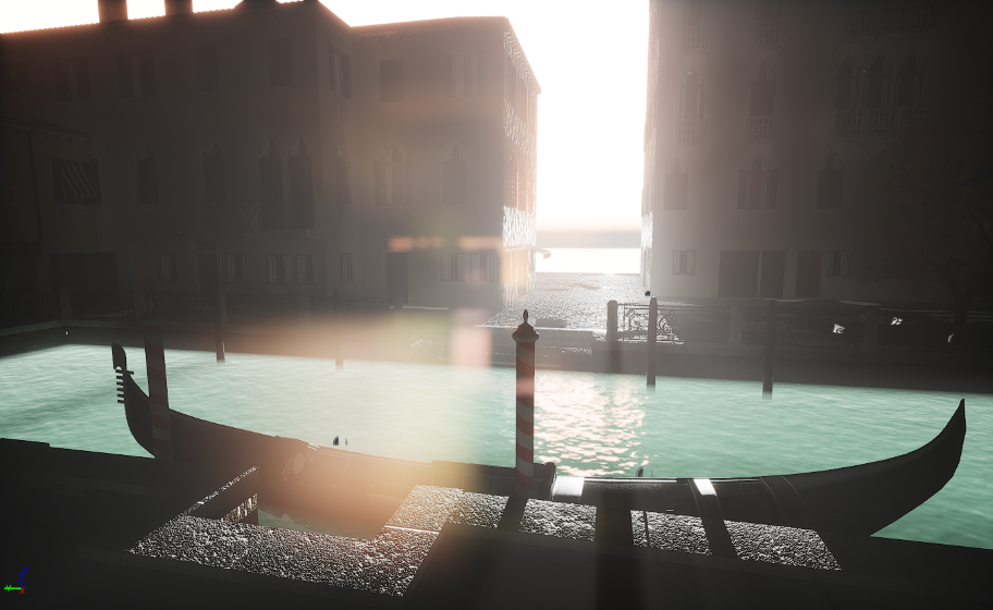 Unreal Engineで再現した、太陽が当たるヴェネツィアのゴンドラ。