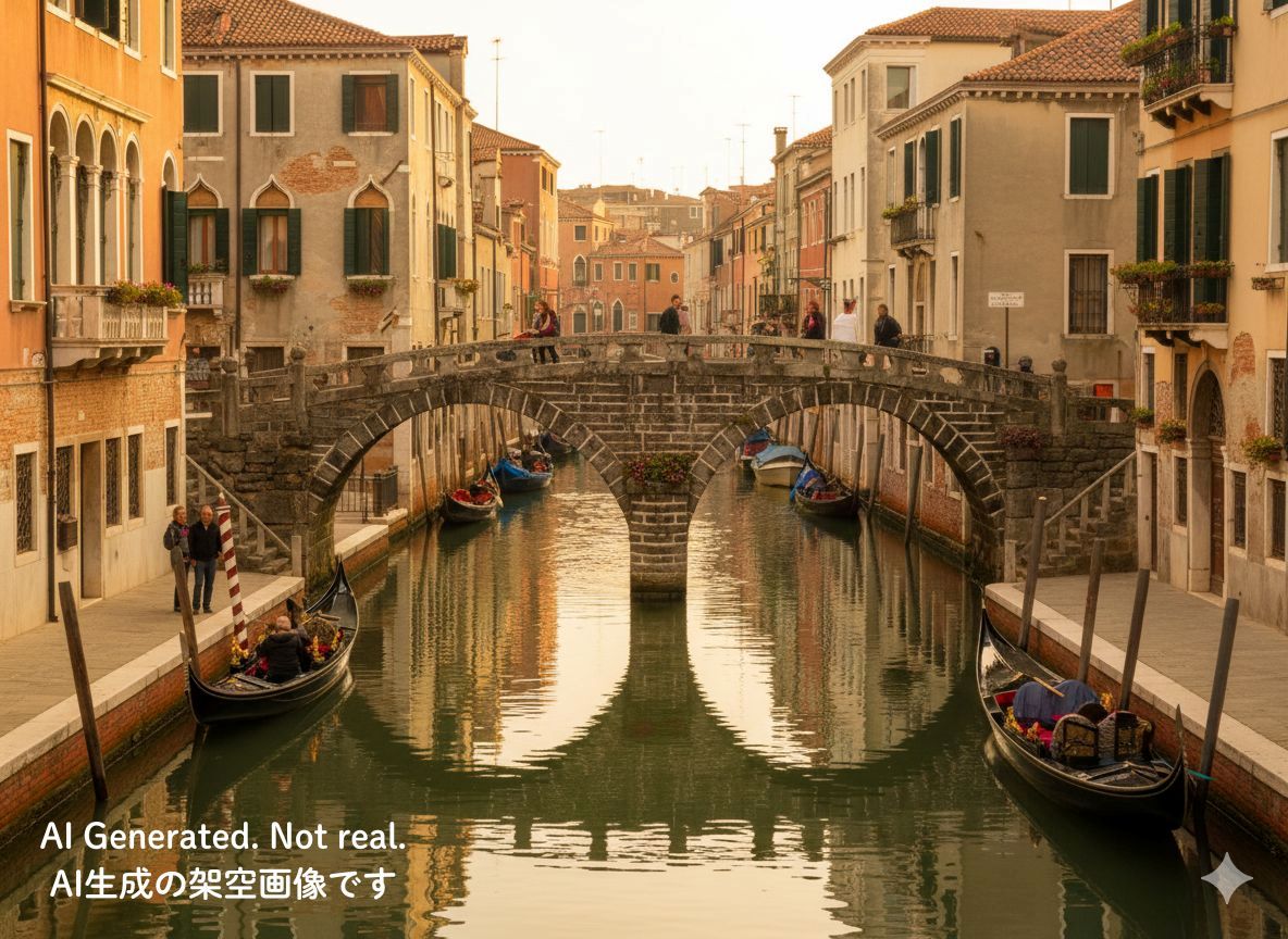 もしも長崎市の眼鏡橋がイタリアのヴェネツィアに架かっていたら（AI生成の架空画像です）