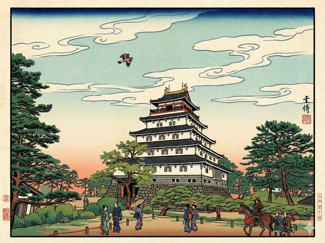 Nano Banana Proで浮世絵風にした島原城天守閣。