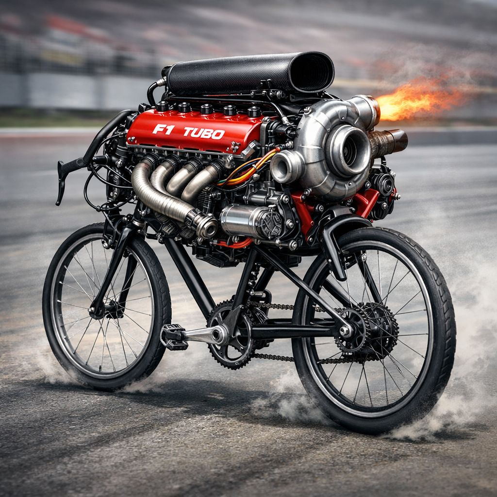 F1カーのエンジンと、自転車のタイヤ。