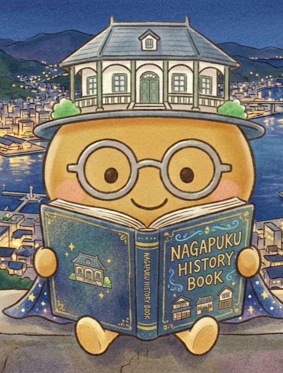 夜景を背景に『ながぷくの歴史帳』を読むながぷく。